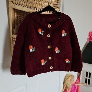 Burgundy Cardigan with Embroidered Mushroom Details